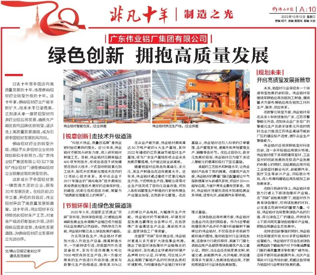 伟业铝材：绿色创新，拥抱高质量发展 | 佛山日报专题报道